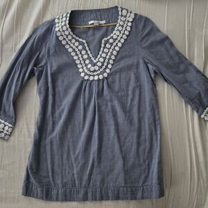 Boden Womens Chambray Long Island Tunic Top White Embroidery US 4